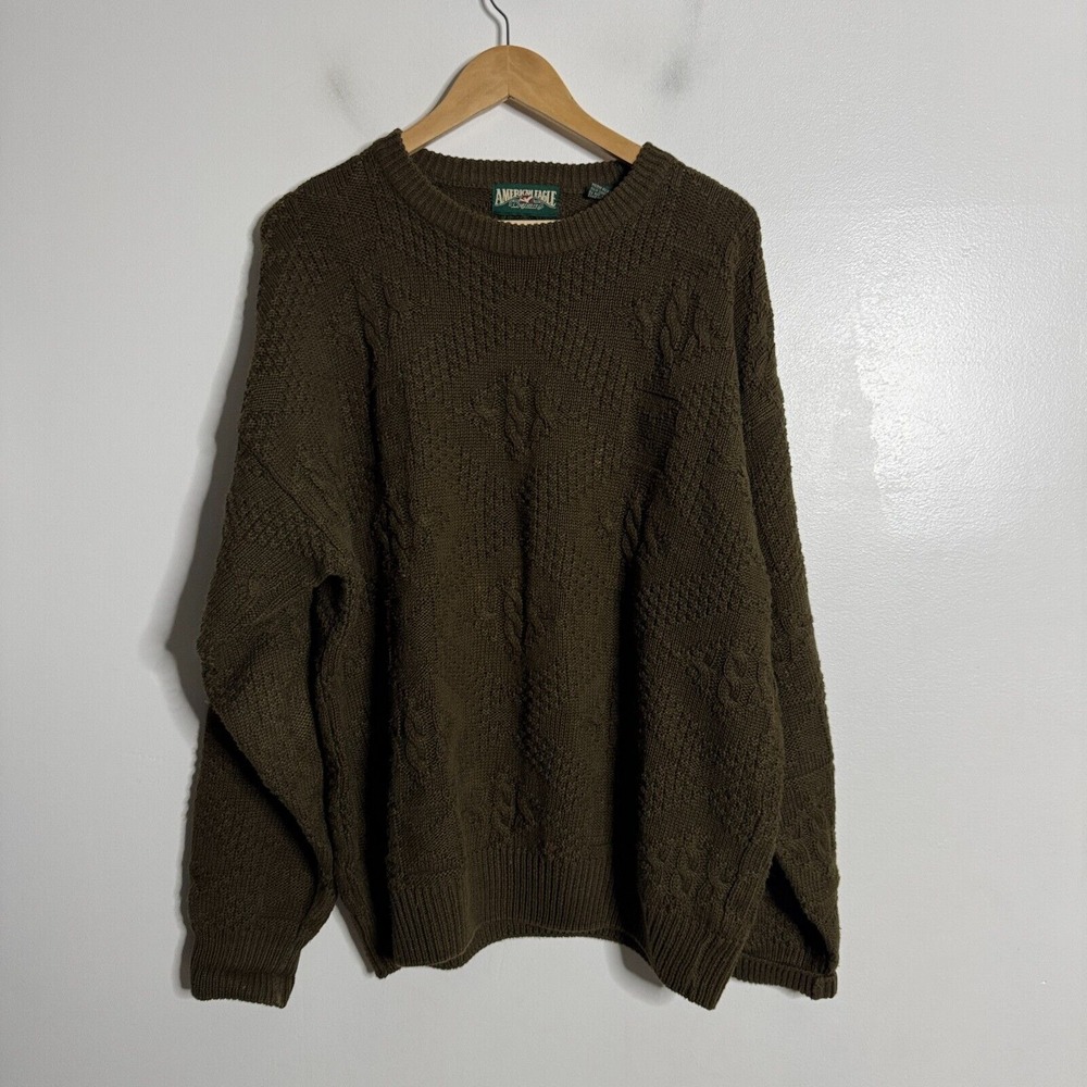 American Eagle Men's XL Green Cable Knit Crew Neck Sweater Vintage Grandpa